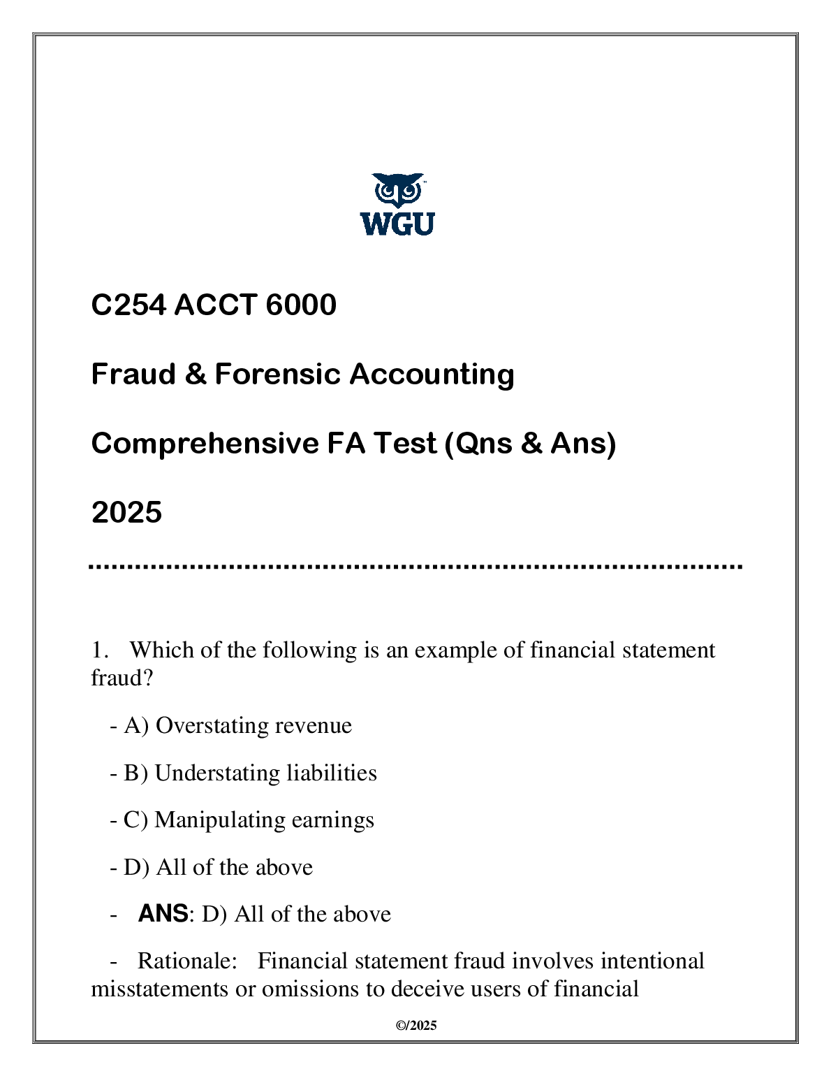 WGU C254 Fraud and Forensic Accounting Test Bank 2025