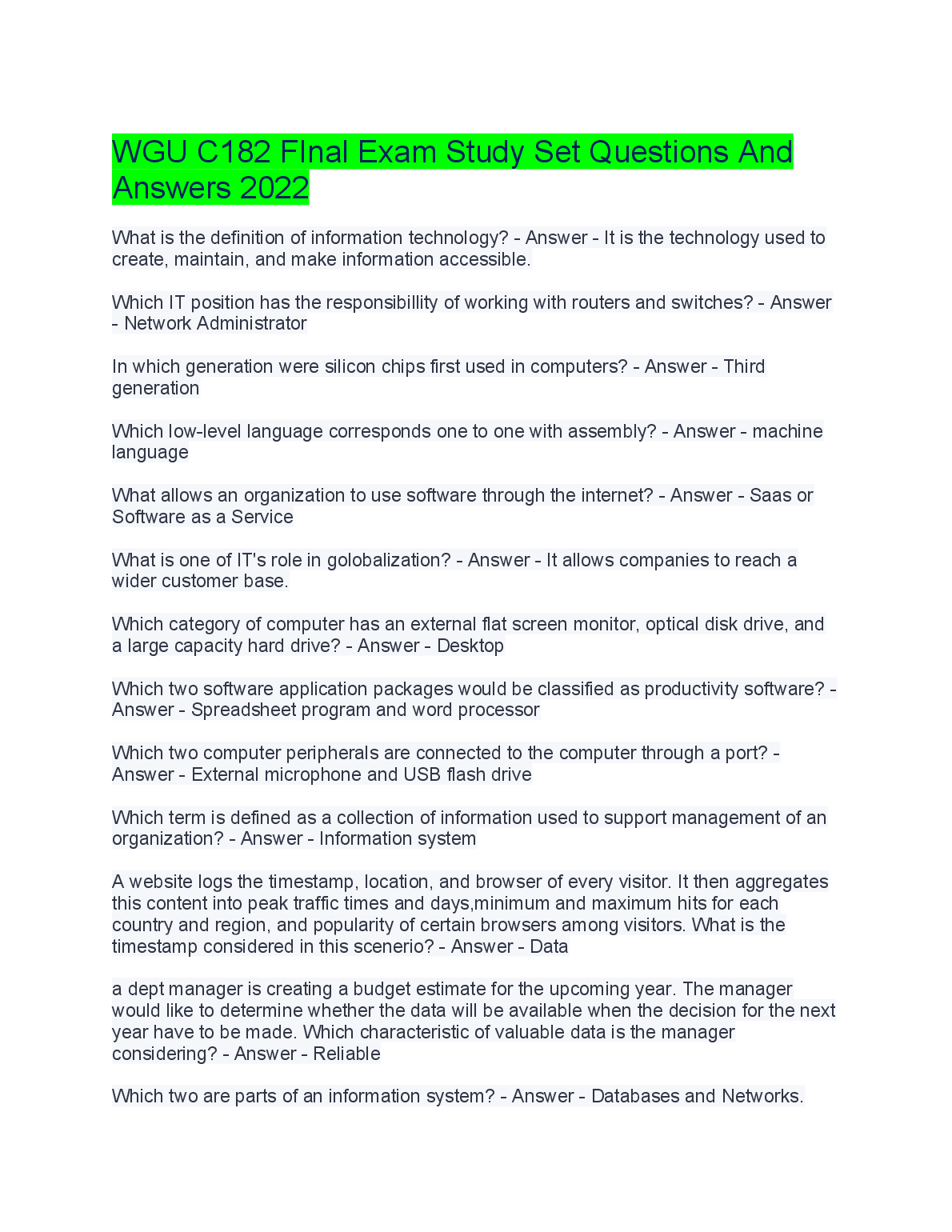WGU C182 Final Exam Questions & Answers 2023 IT Study Set