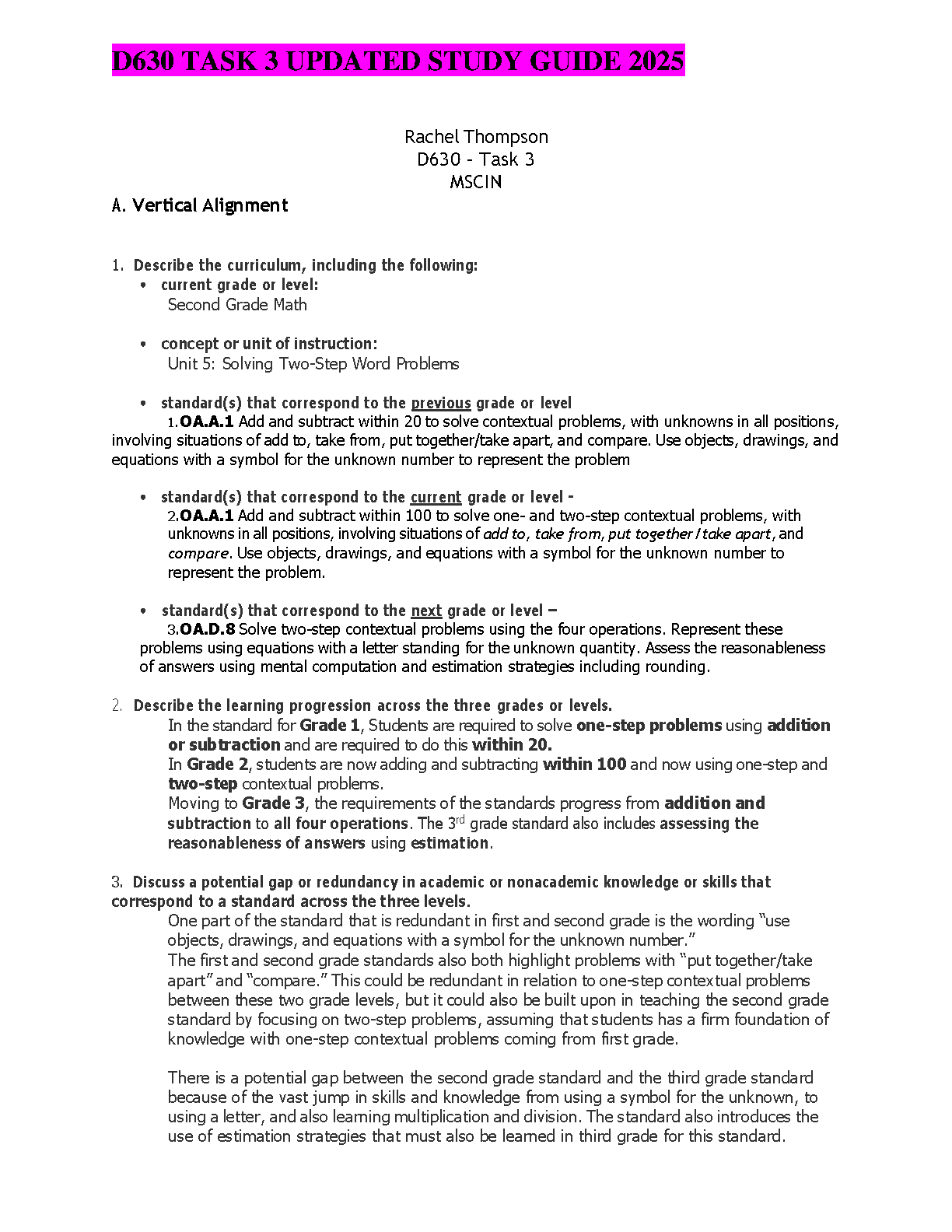 WGU D630 Task 3 Study Guide Vertical Alignment 2025/2026
