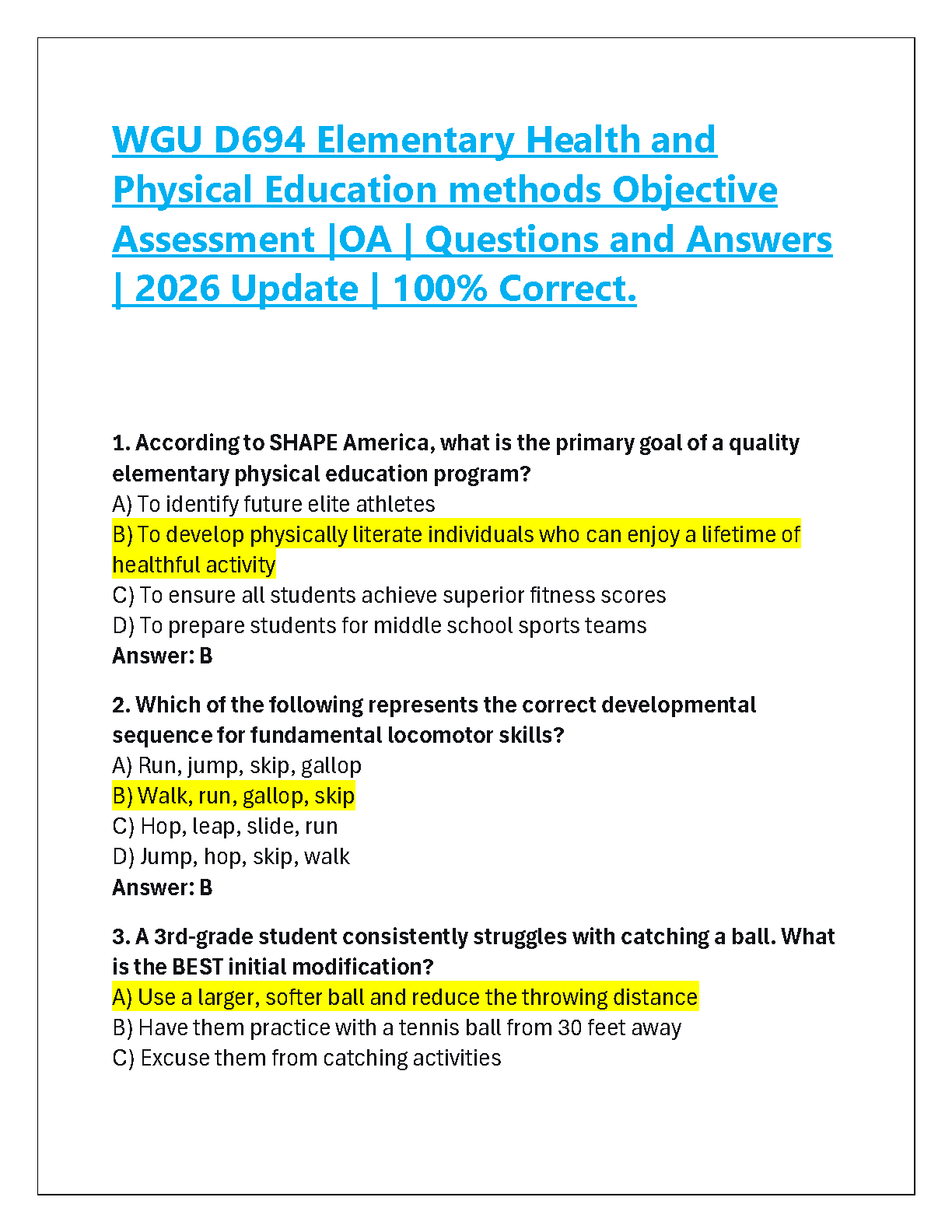 WGU D694 Elementary Health PE Methods OA Study Guide 2025
