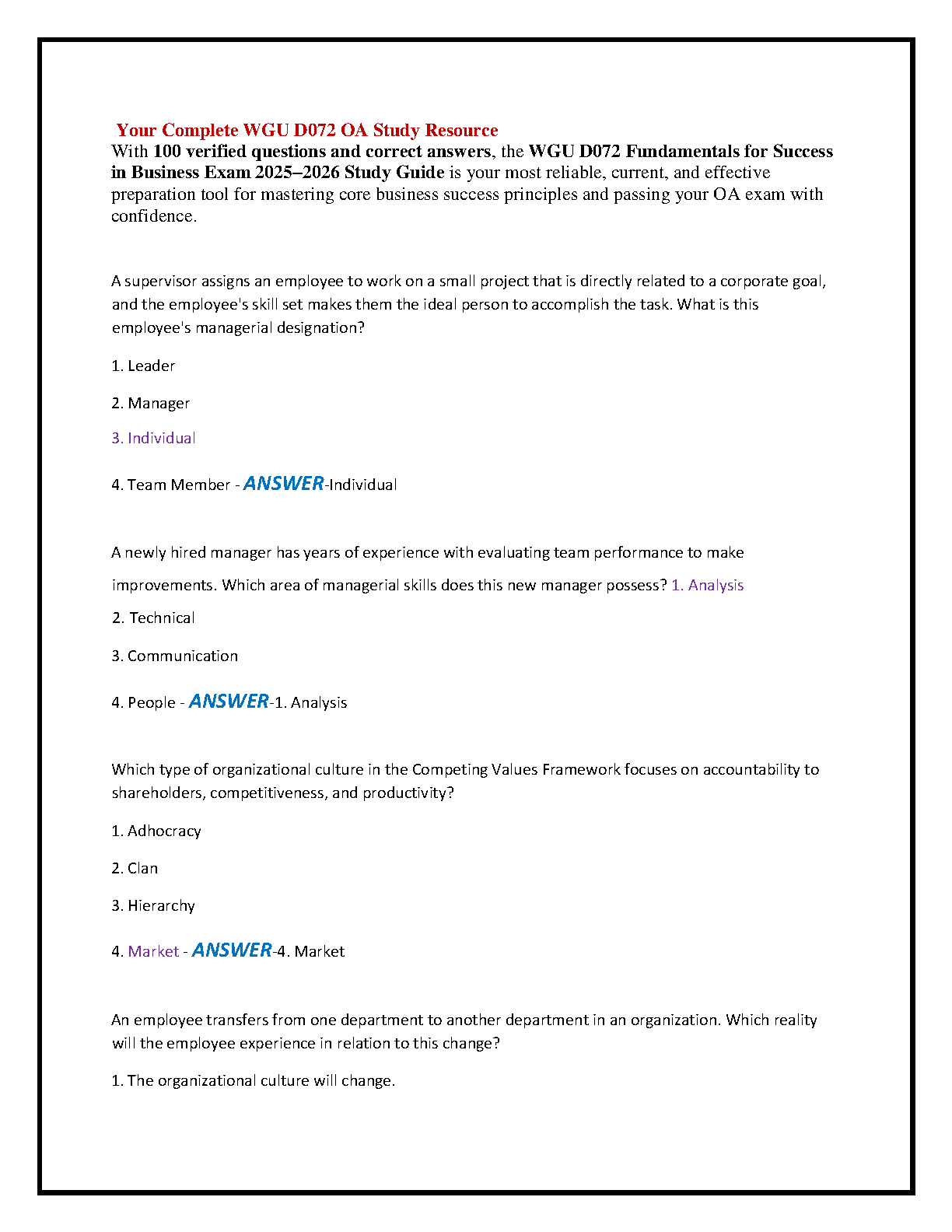 WGU D072 Business OA Exam Test Bank 2025-2026 with Answers