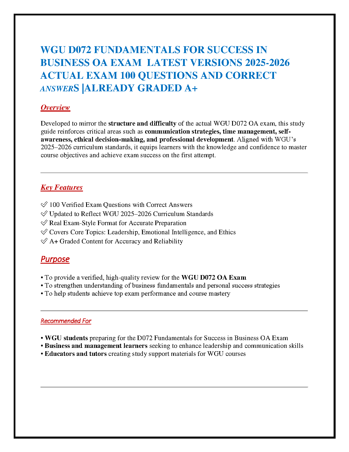 WGU D072 Business OA Exam Test Bank 2025-2026 with Answers