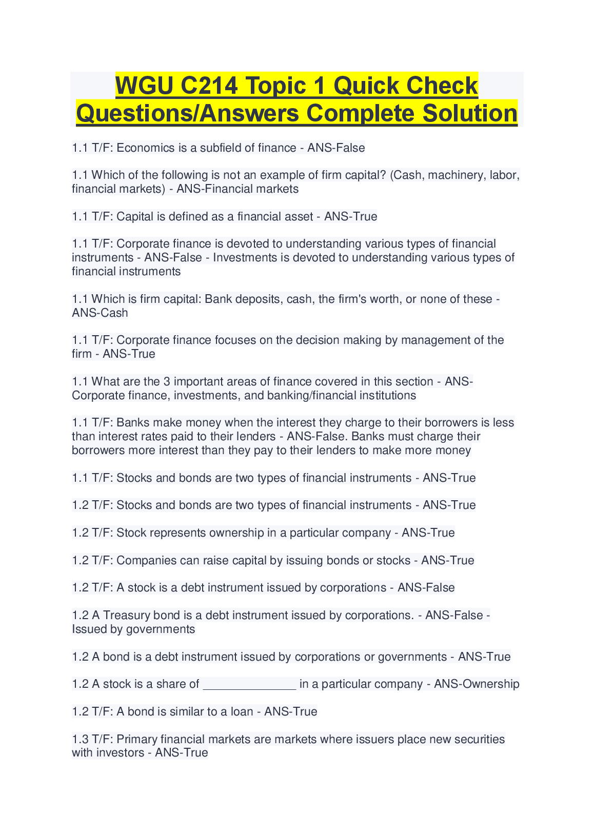 WGU C214 Topic 1 Quick Check Solutions 2026/27
