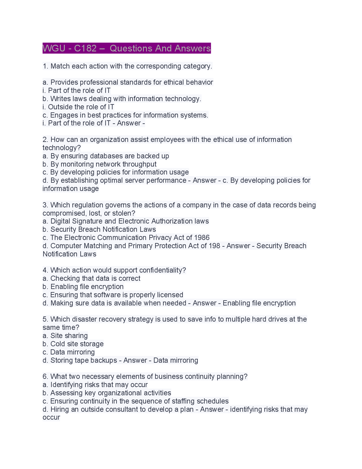WGU C182 IT Exam Prep: Ethics, Law & Disaster Recovery Q&A