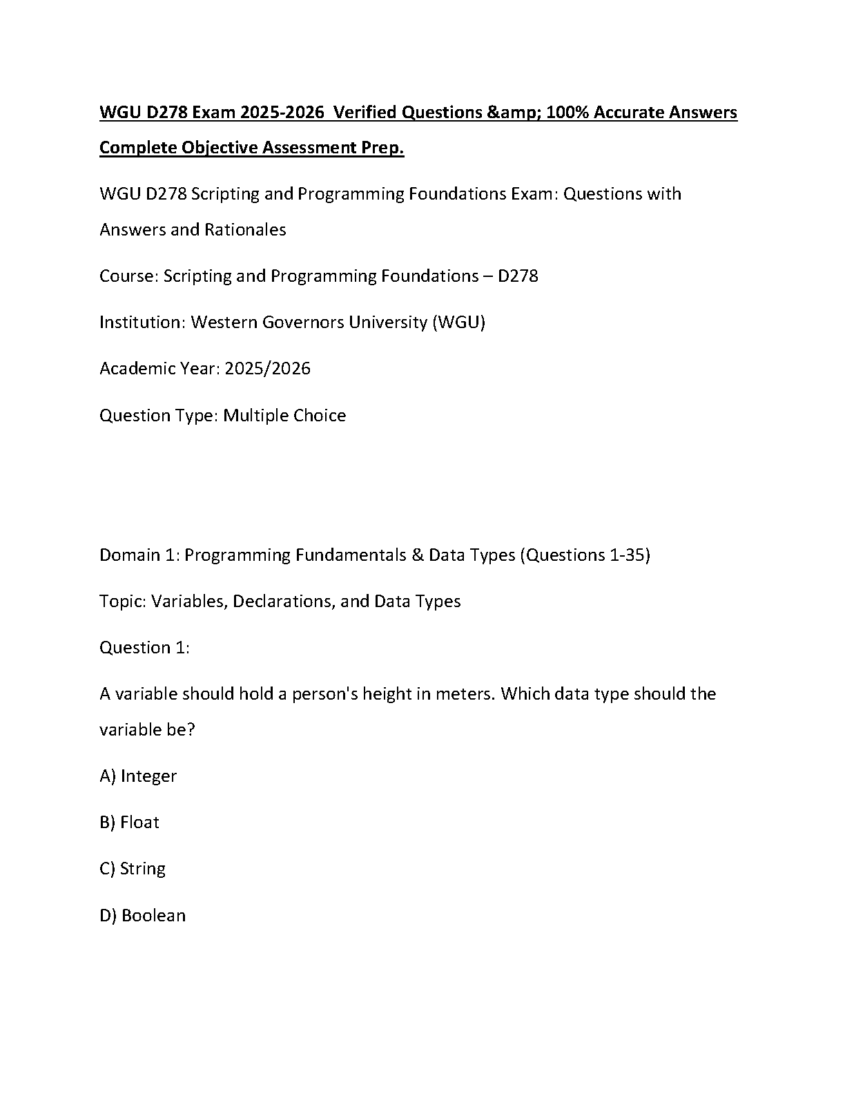 WGU D278 Scripting and Programming Exam Prep Guide