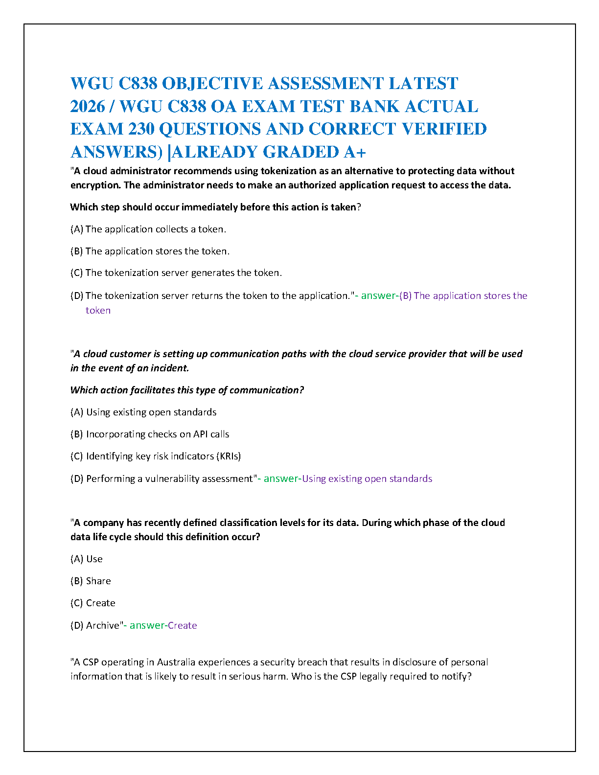 WGU C838 CCSP Test Bank: 230 QA for Cloud Security OA IMG-1