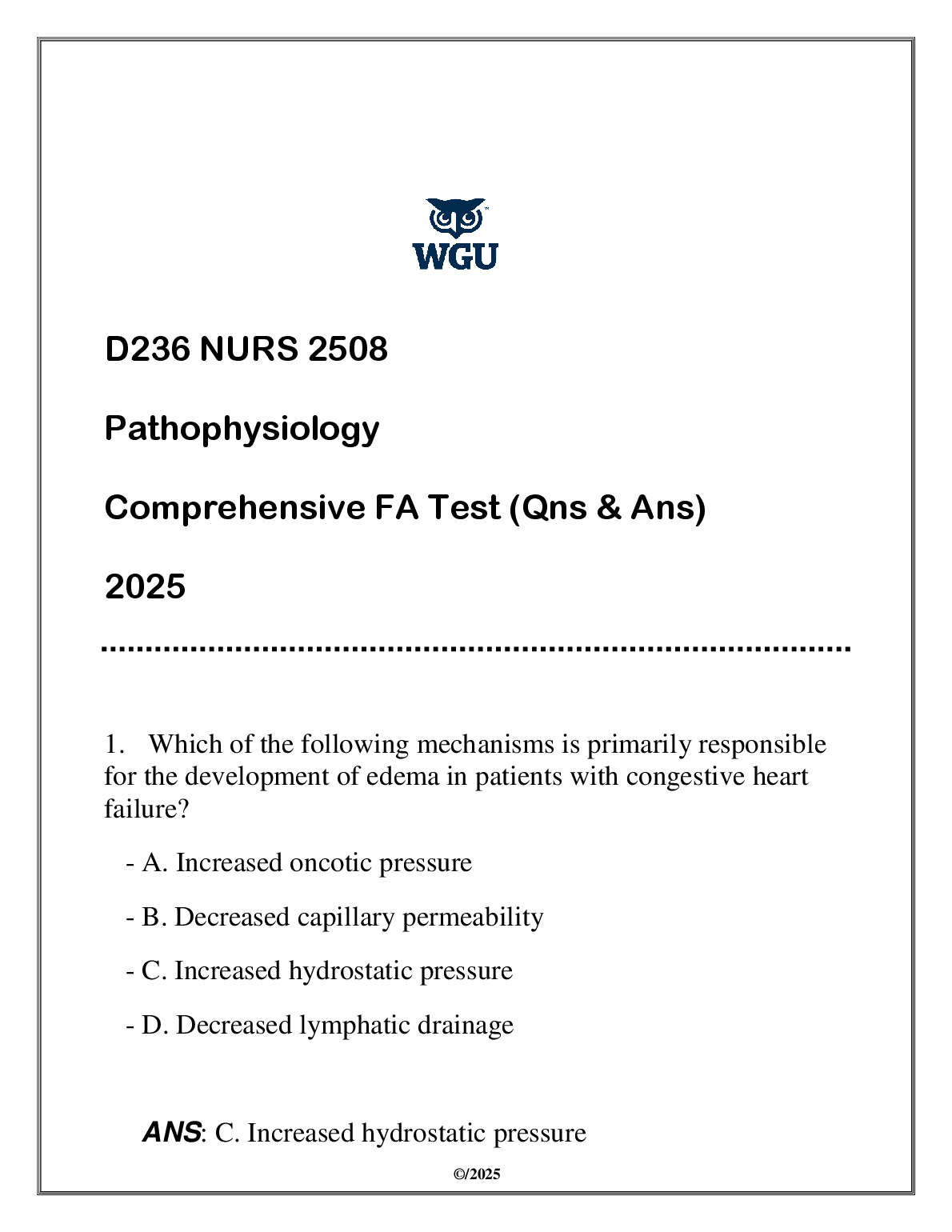 WGU NURS 2508 Pathophysiology FA Test Bank 2025