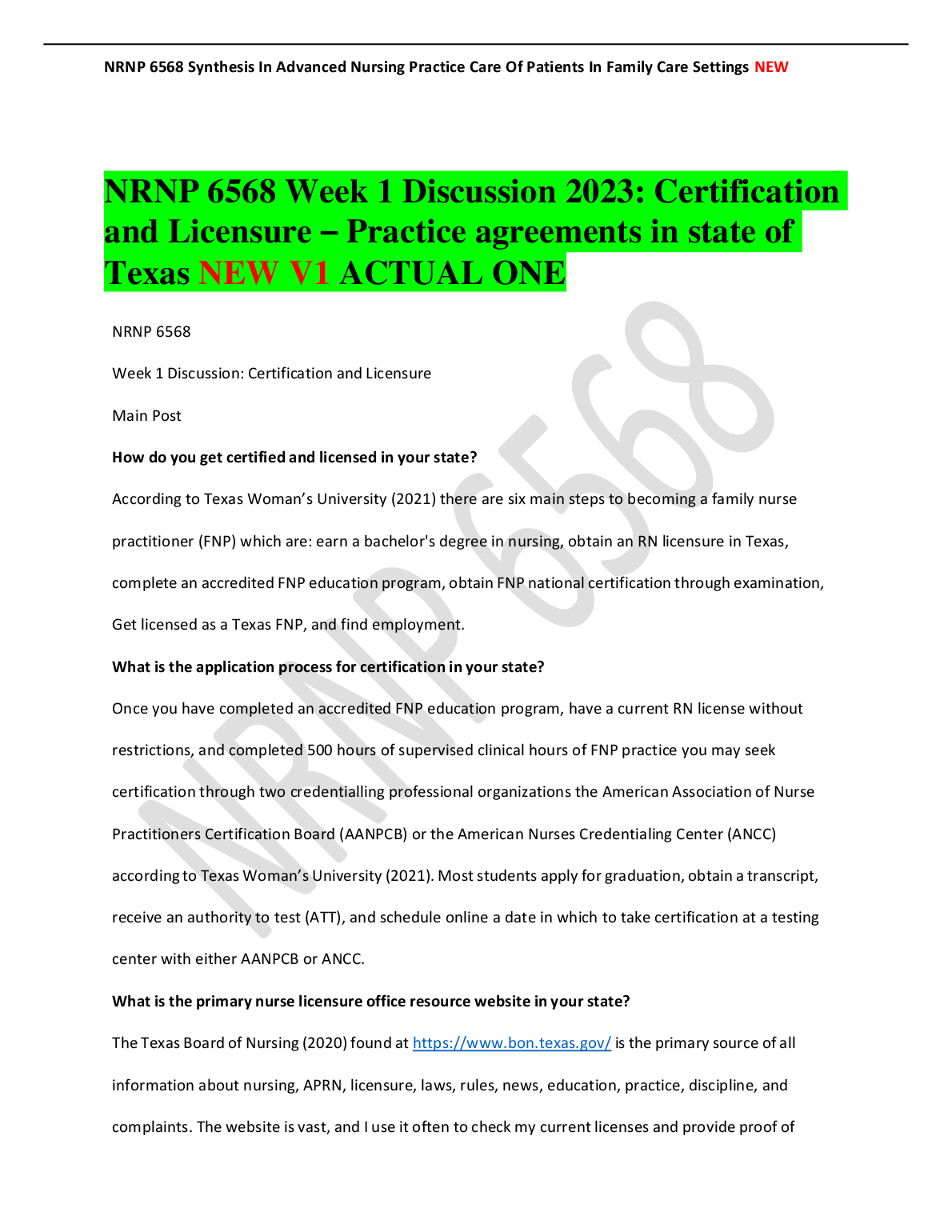 Texas FNP Licensure & NRNP 6568 Discussion Guide 2026/27