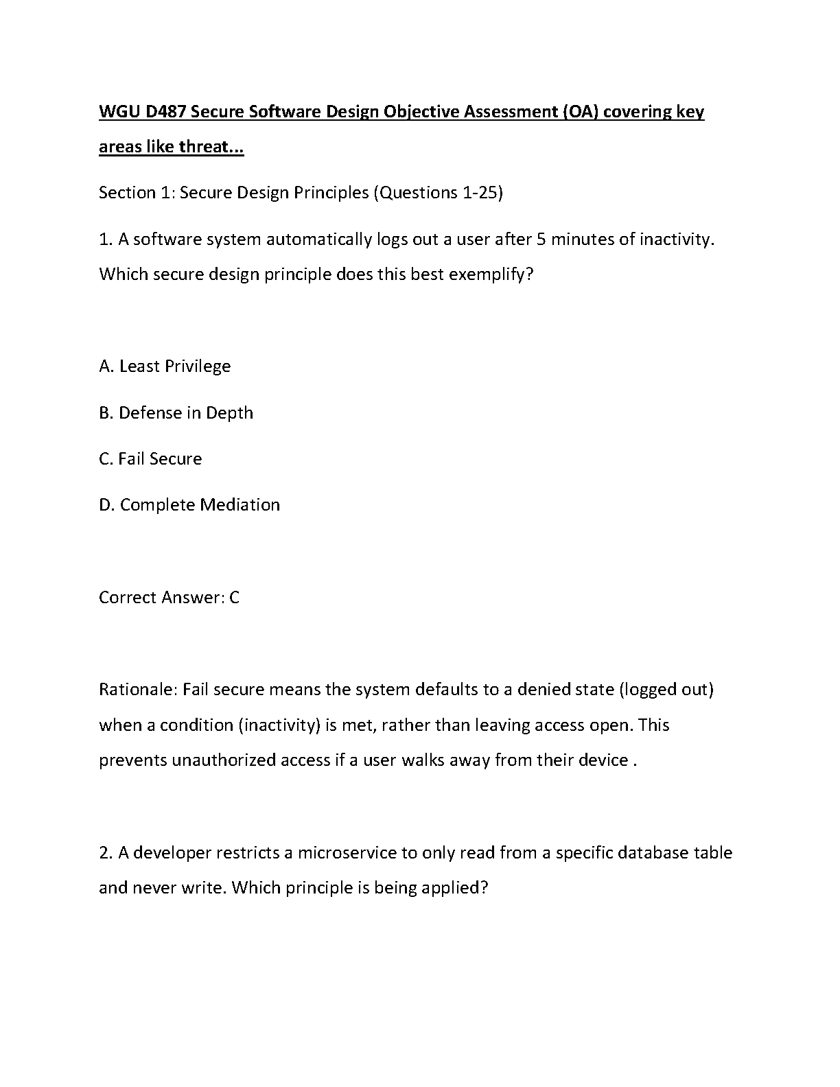 WGU D487 Secure Software Design OA Study Guide and Answers