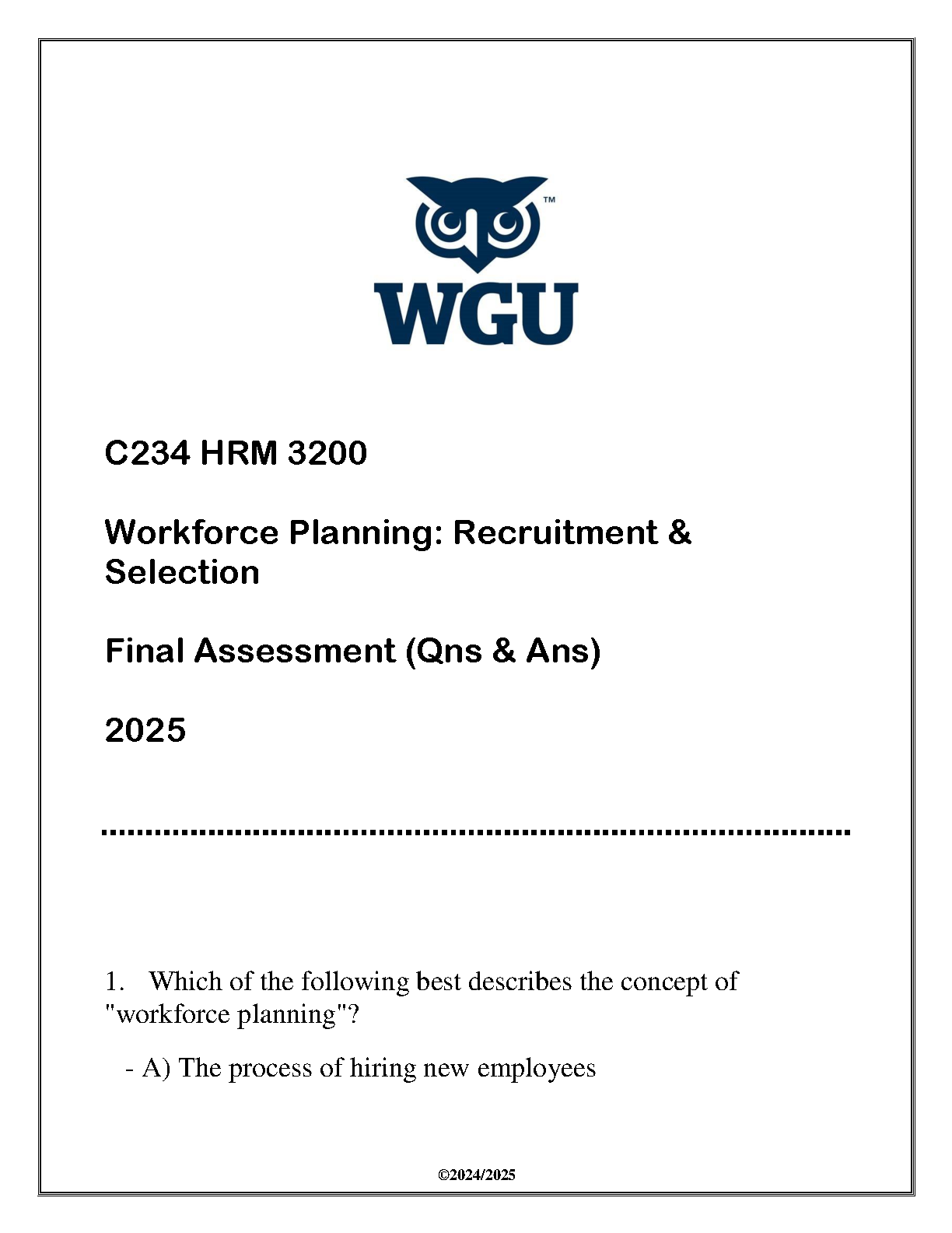 WGU C234 HRM 3200 Final Assessment Questions Answers 2025