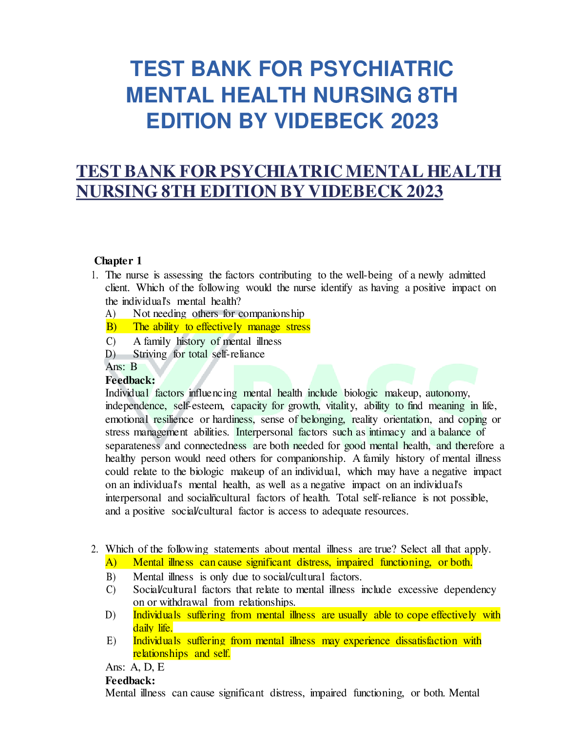 PSYCHIATRIC MENTAL HEALTH NURSING 8TH EDITION TEST BANK