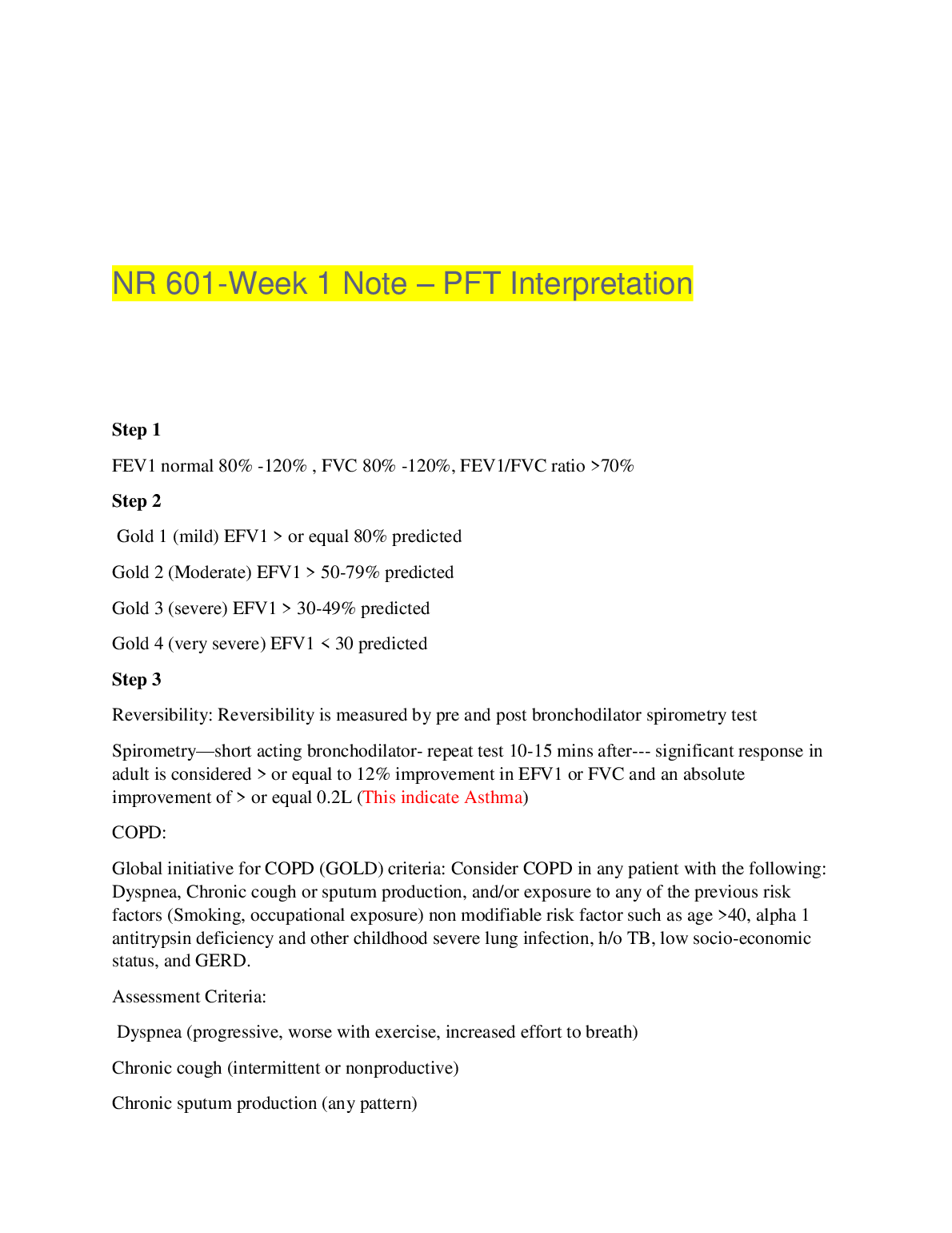 NR 601 PFT Interpretation and COPD Staging Notes