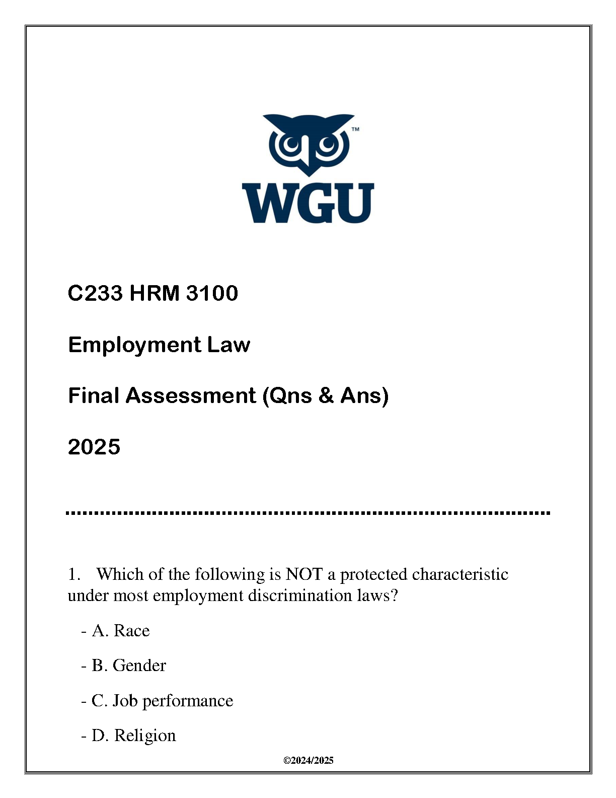 WGU HRM 3100 Employment Law Final Assessment Qs As