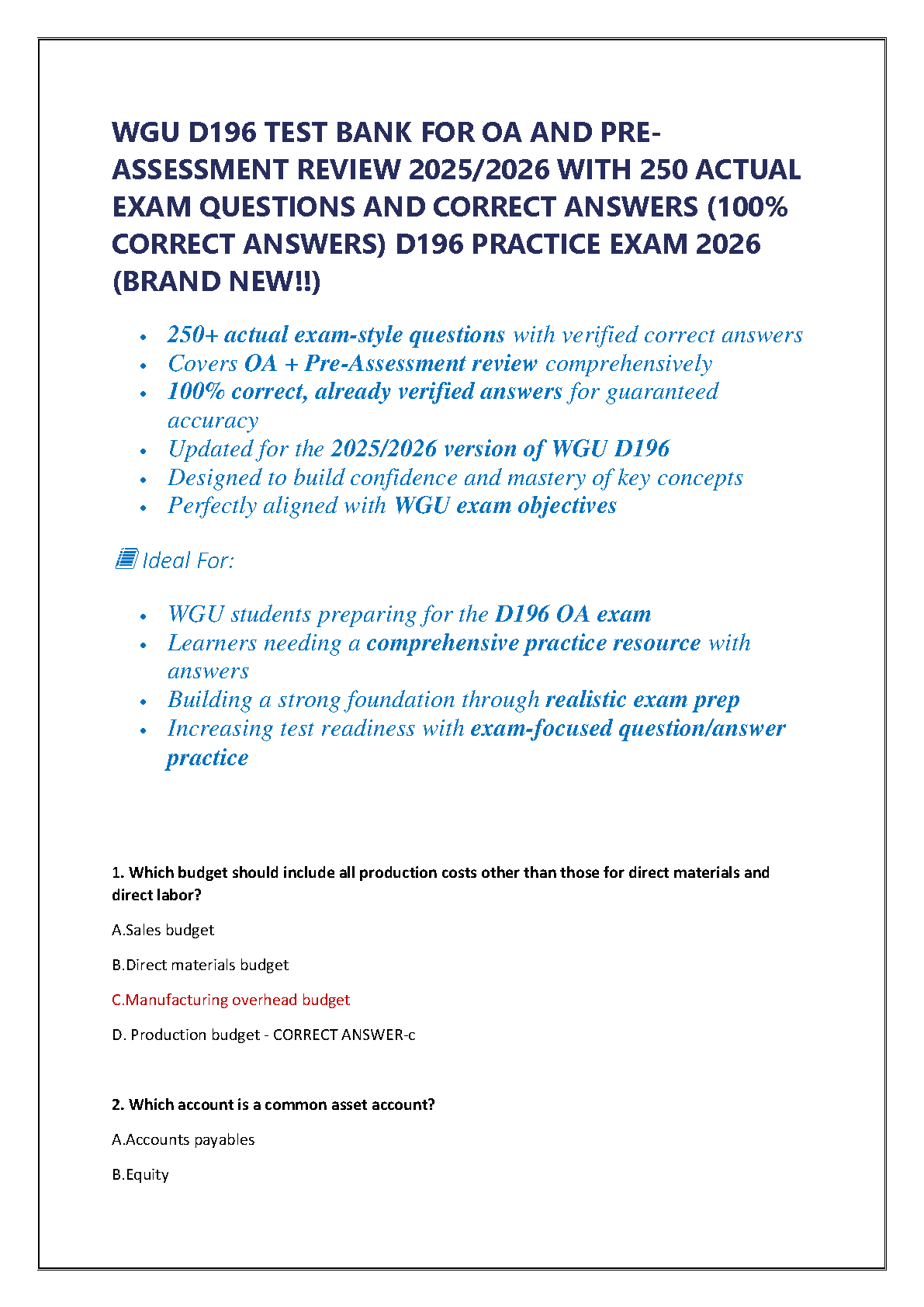 WGU D196 Test Bank 2025 250 Qs A