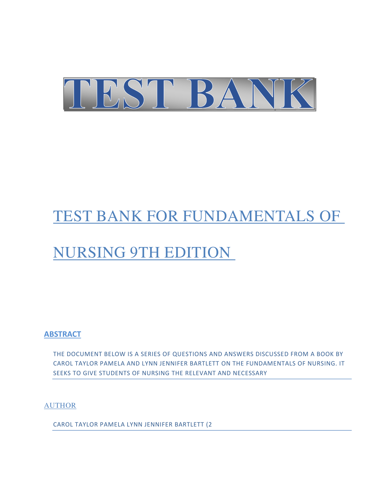 FUNDAMENTALS OF NURSING 9TH EDITION TEST BANK