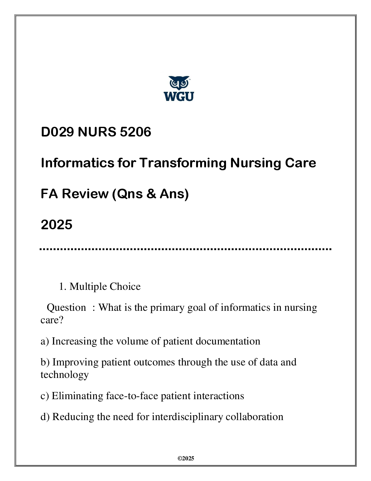 NURS 5206 Informatics Test Bank WGU D029 FA Review
