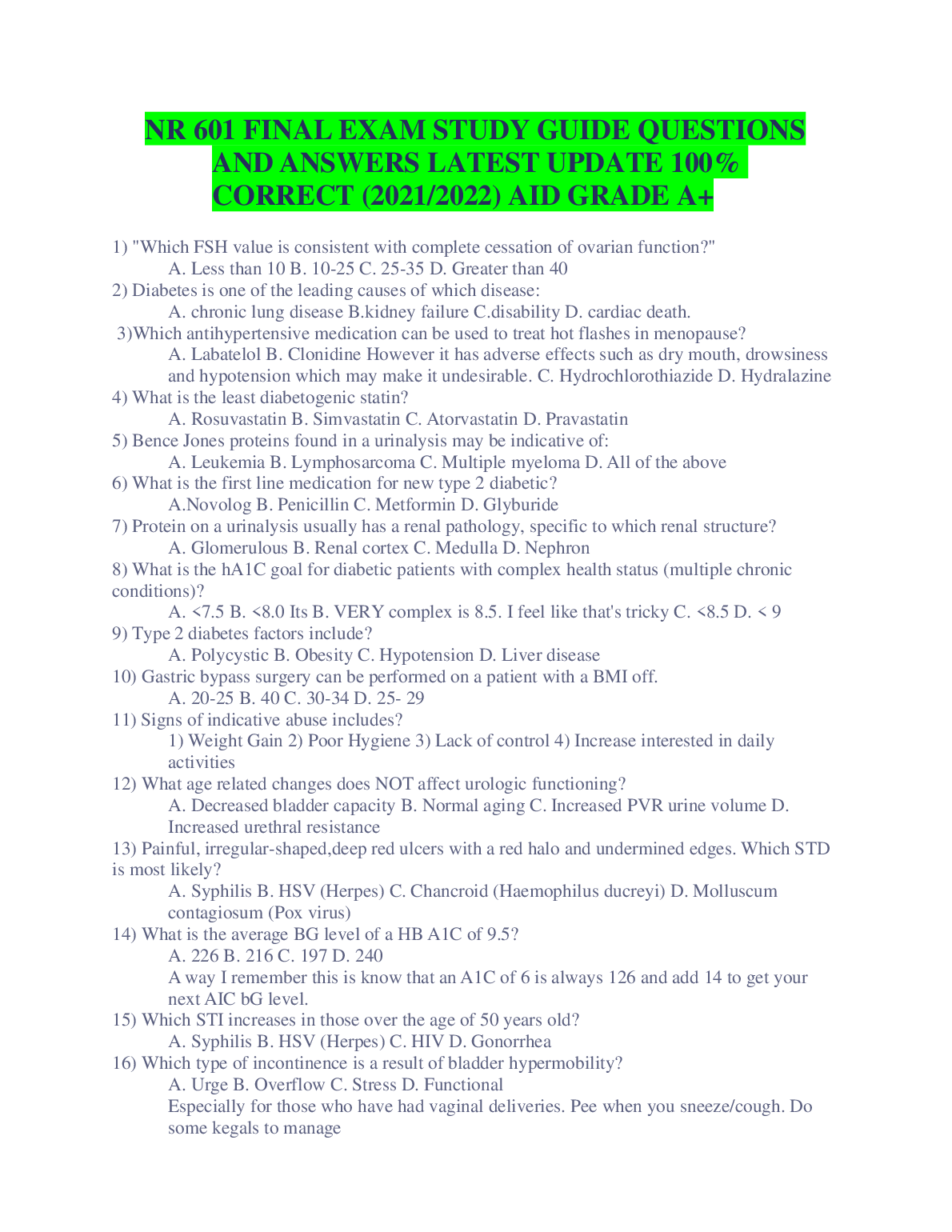 NR 601 Final Exam Study Guide Questions And Answers