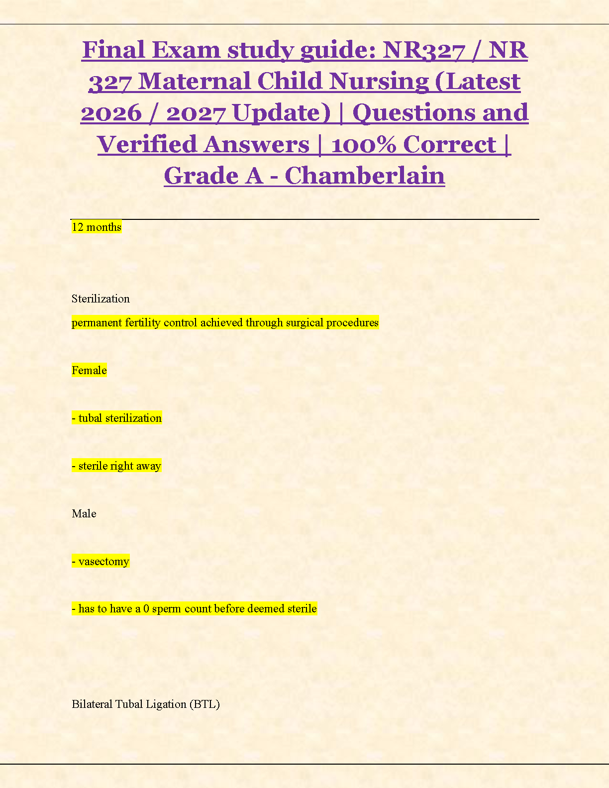 NR 327 Maternal Child Nursing Final Exam Study Guide 2026/2027