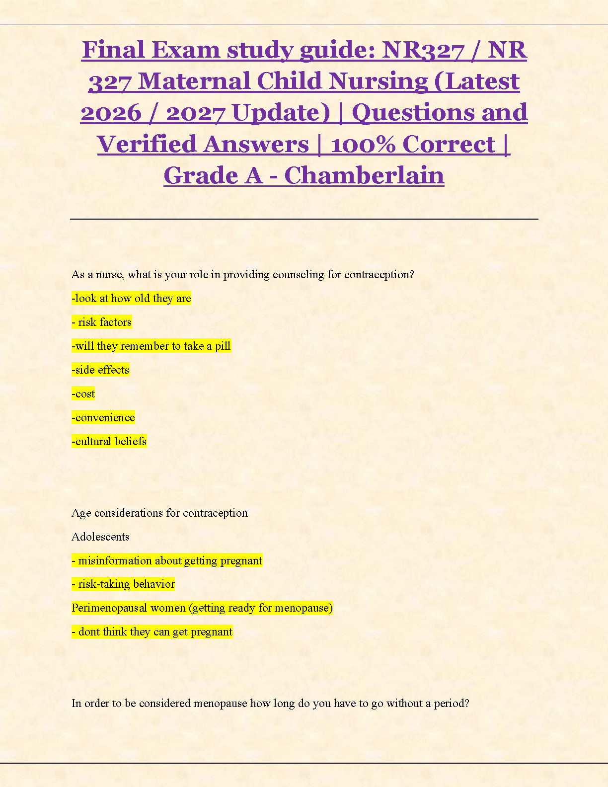 NR 327 Maternal Child Nursing Final Exam Study Guide 2026/2027
