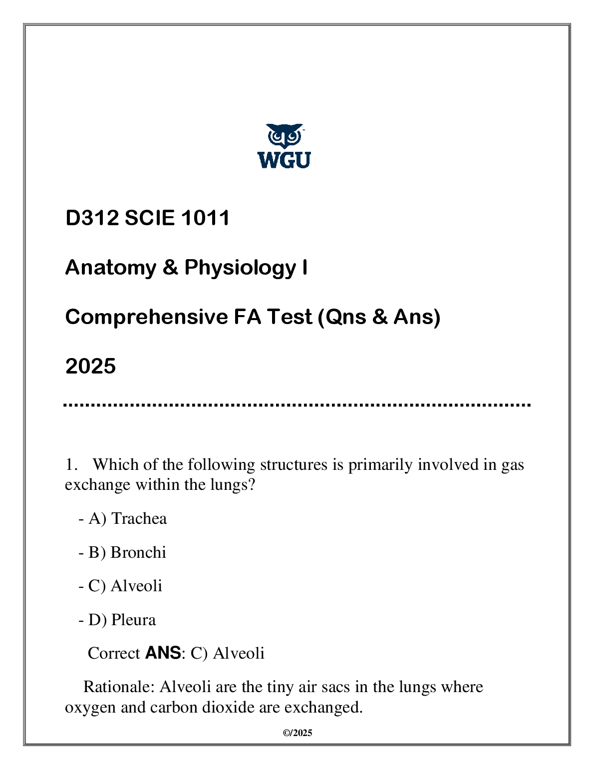 WGU SCIE 1011 Anatomy Physio I Test Bank 2025 Q&A