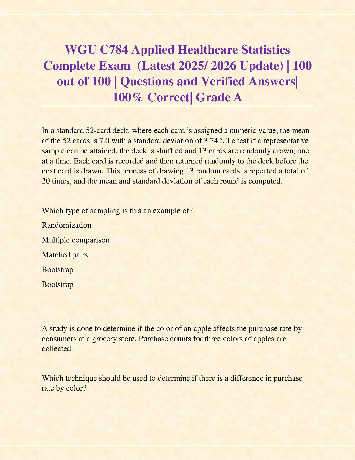 WGU C784 Applied Healthcare Statistics Test Bank 2025
