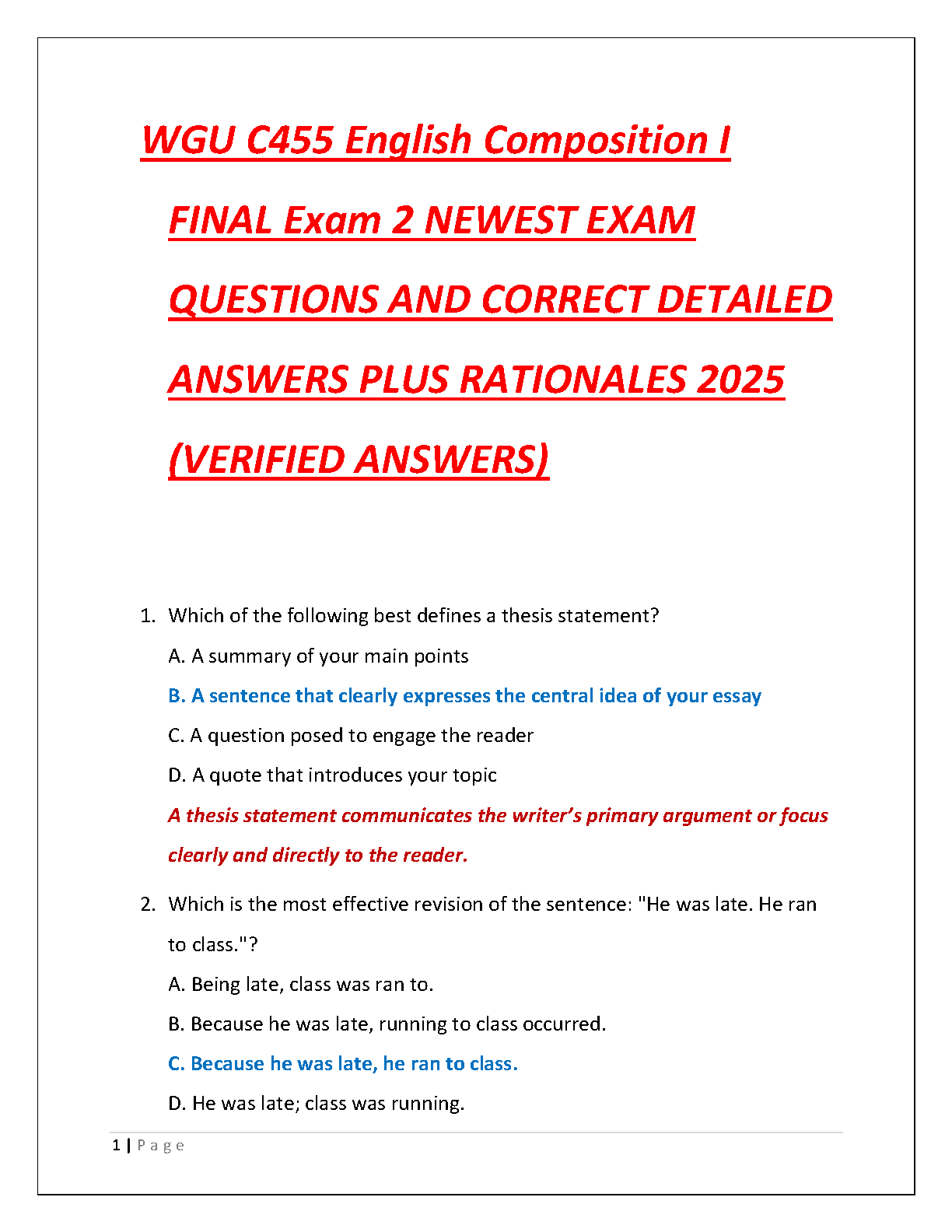 WGU C455 English Comp I Final Exam Test Bank 2025/26
