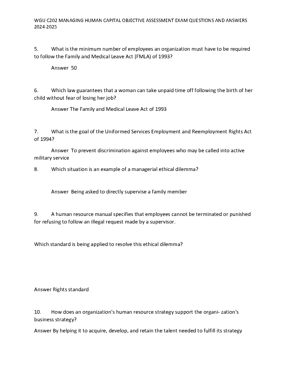 WGU C202 Managing Human Capital Test Bank 2025/2026 Questions & Answers