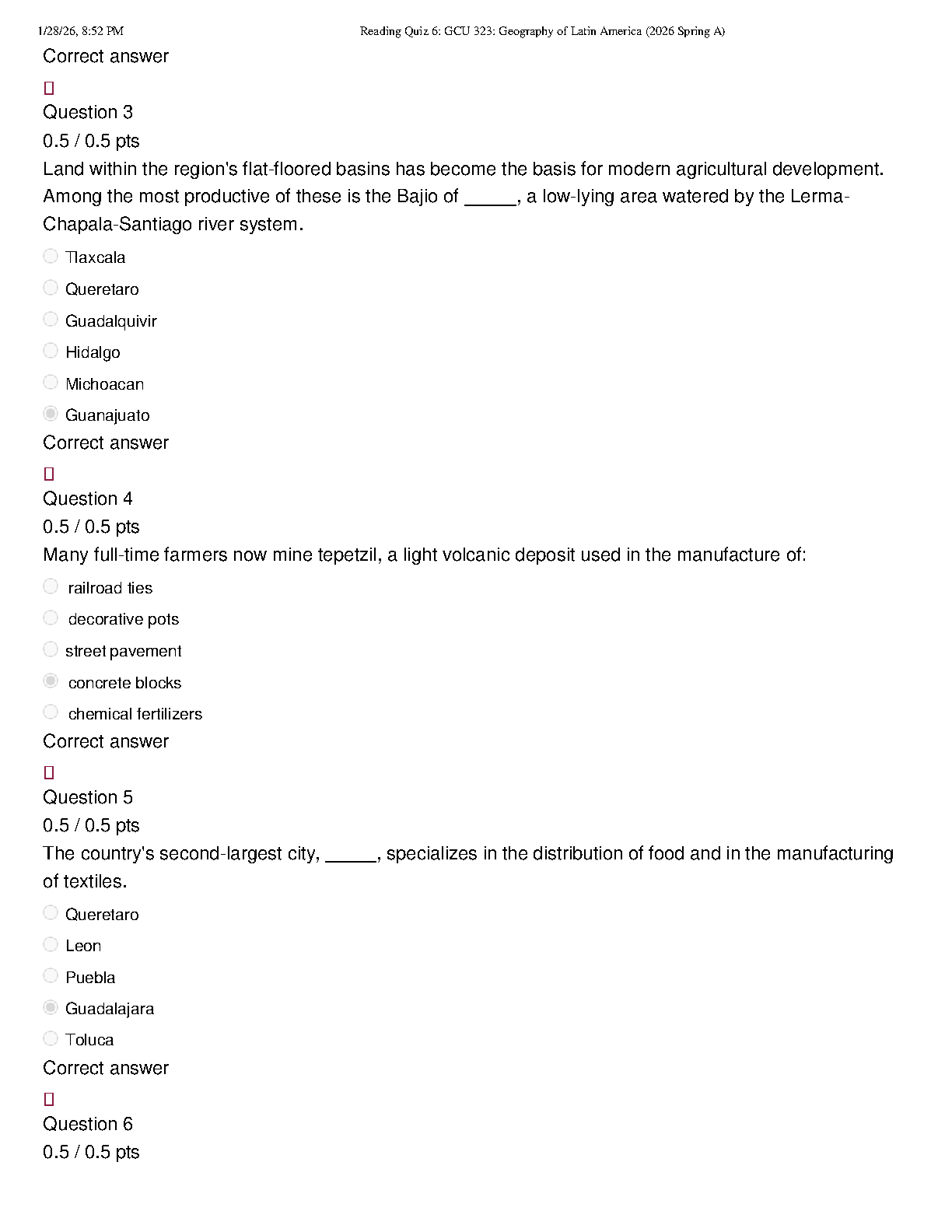 GCU 323 Geography Quiz 6 Solutions 2026 | Ace Reading Test