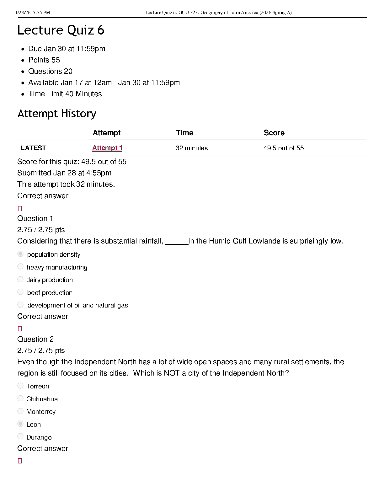 GCU 323 Lat Am Geo Quiz 6 Verified Answers 2026/27
