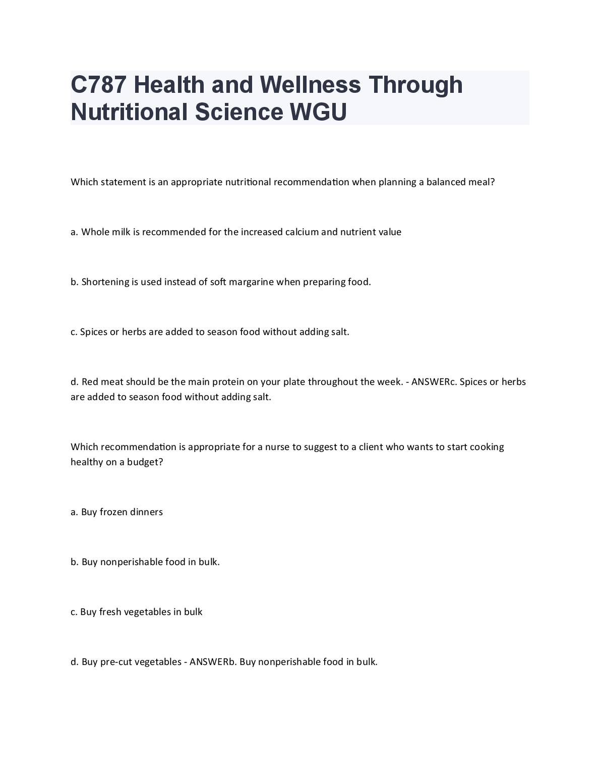 WGU C787 Nutrition Test Bank Questions Answers