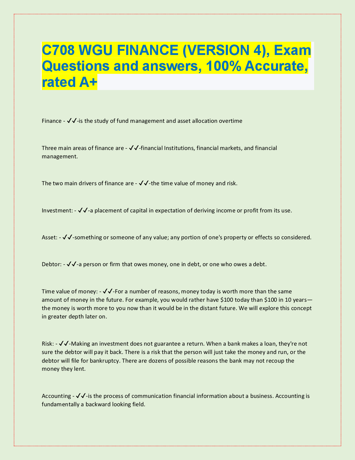 WGU C708 Finance Exam Qs & A: 100% Accurate Study Guide