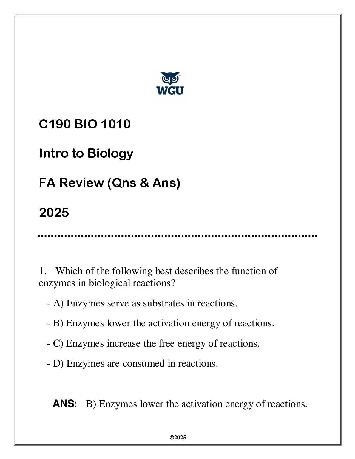 WGU BIO 1010 Intro to Bio Test Bank & FA Review