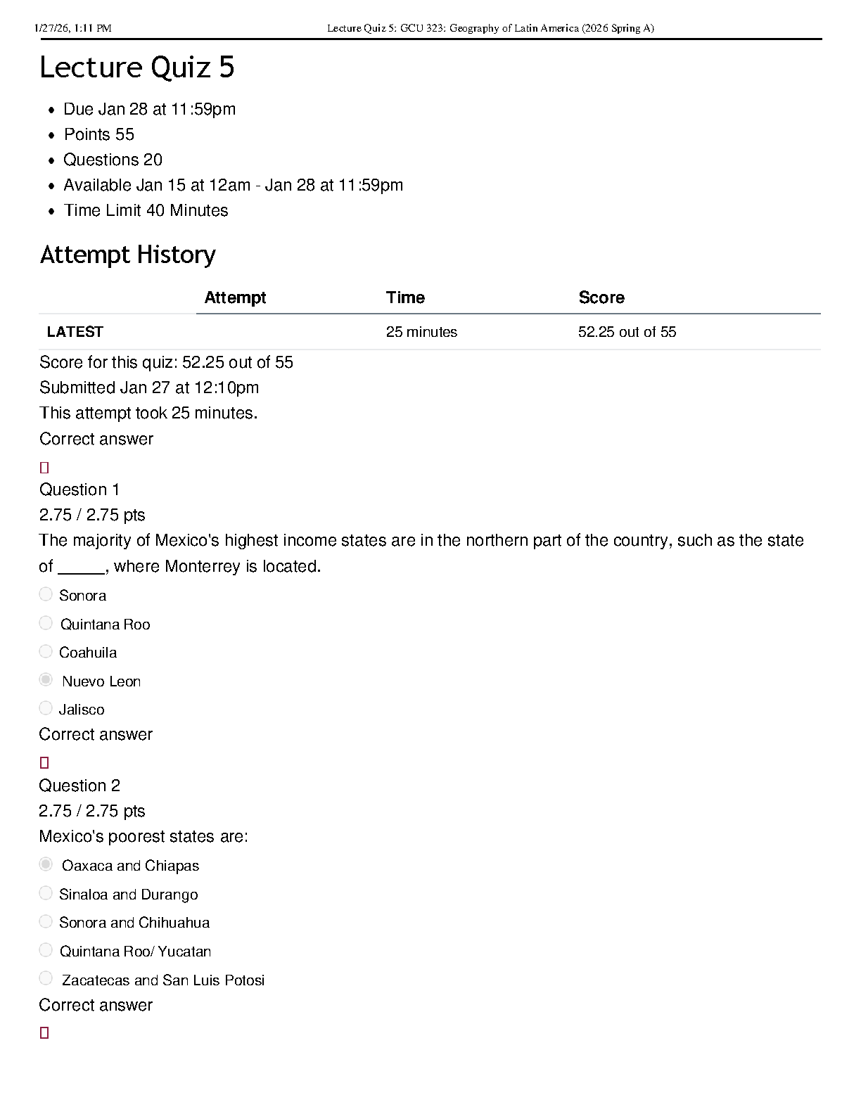 GCU 323 Geography of Latin America Quiz 5 Study Guide 2026