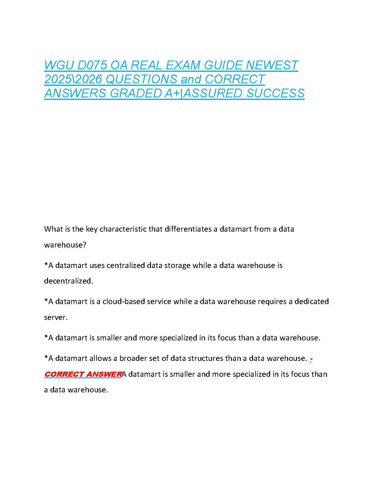 WGU D075 Data Management OA Test Bank 2025/26 Answers