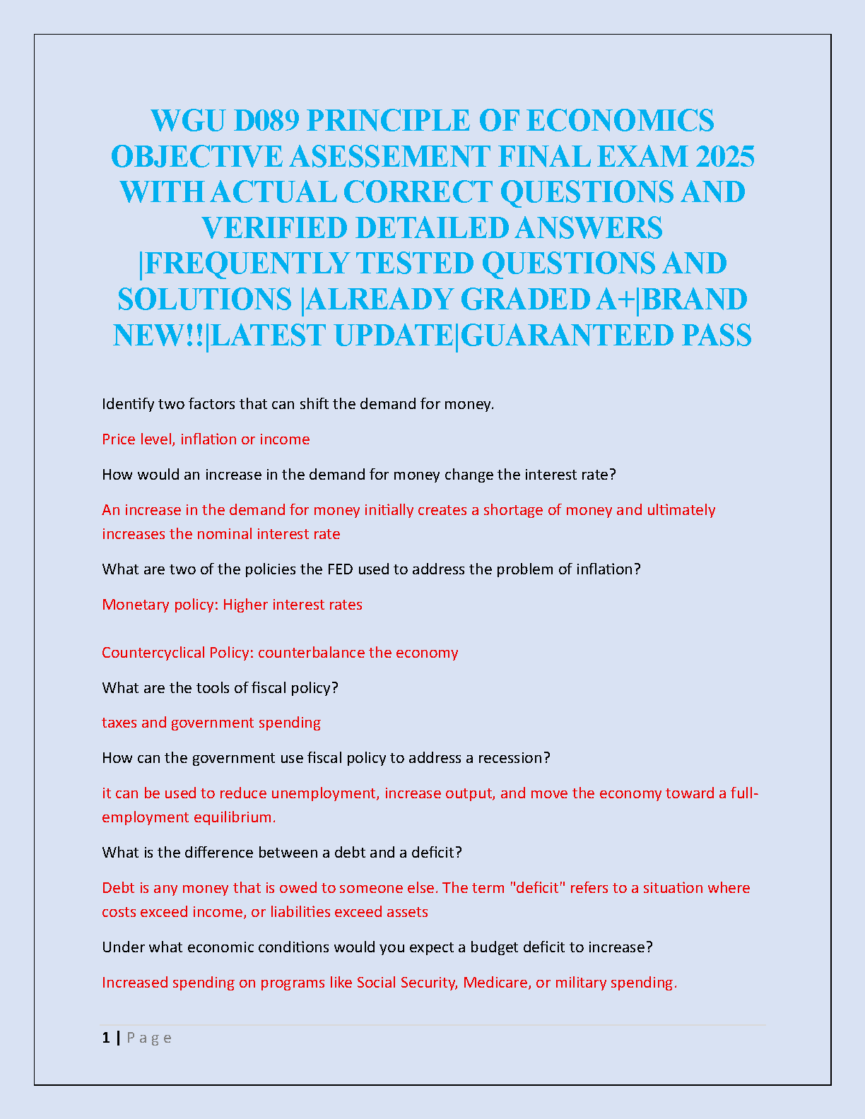 WGU D089 Economics Final Exam Test Bank 2025 Q&A