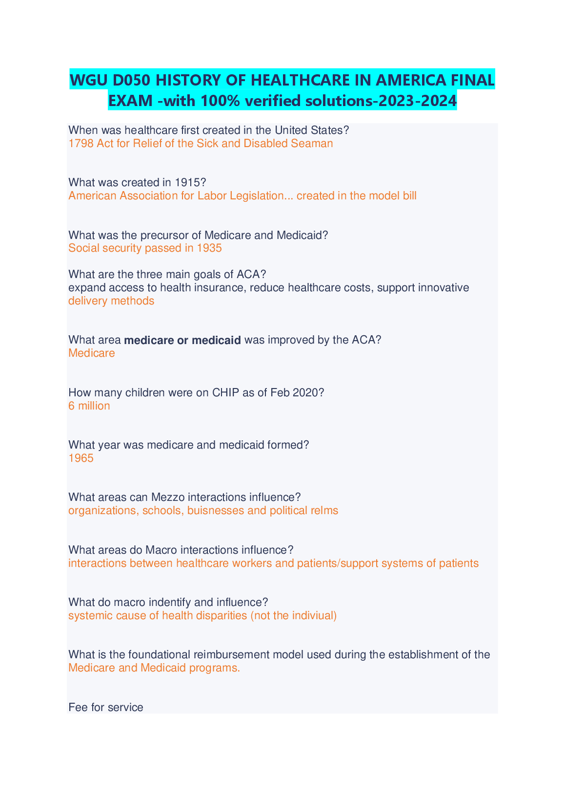WGU D050 History of Healthcare in America Exam Solutions