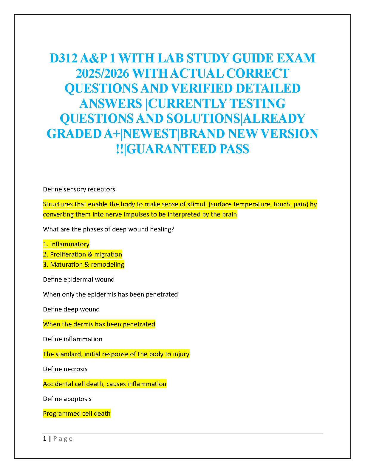 WGU D312 Anatomy Physiology 1 Study Guide 2025-26 Questions