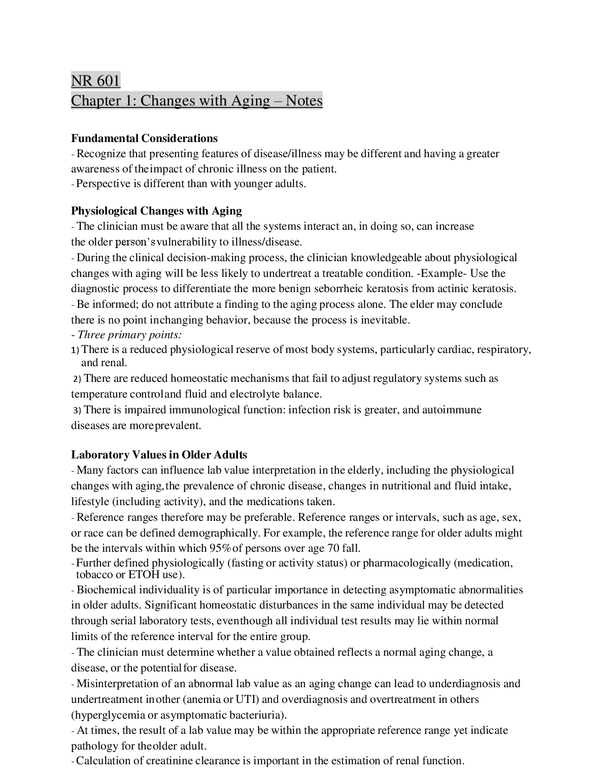 NR 601 Ch 1 Study Guide: Aging Physiological Changes