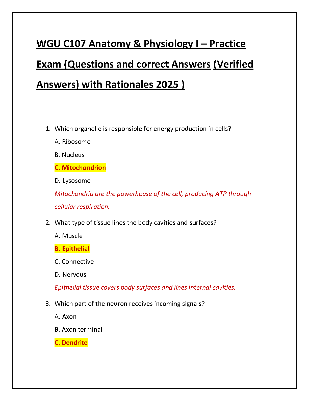 WGU C107 A&P I Practice Exam 2025