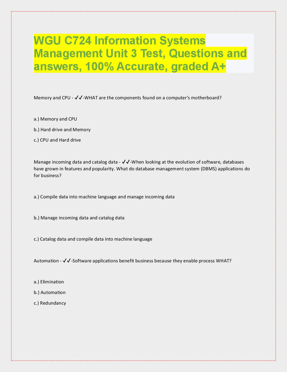 WGU C724 Info Systems Mgmt Unit 3 Q&A Study Guide