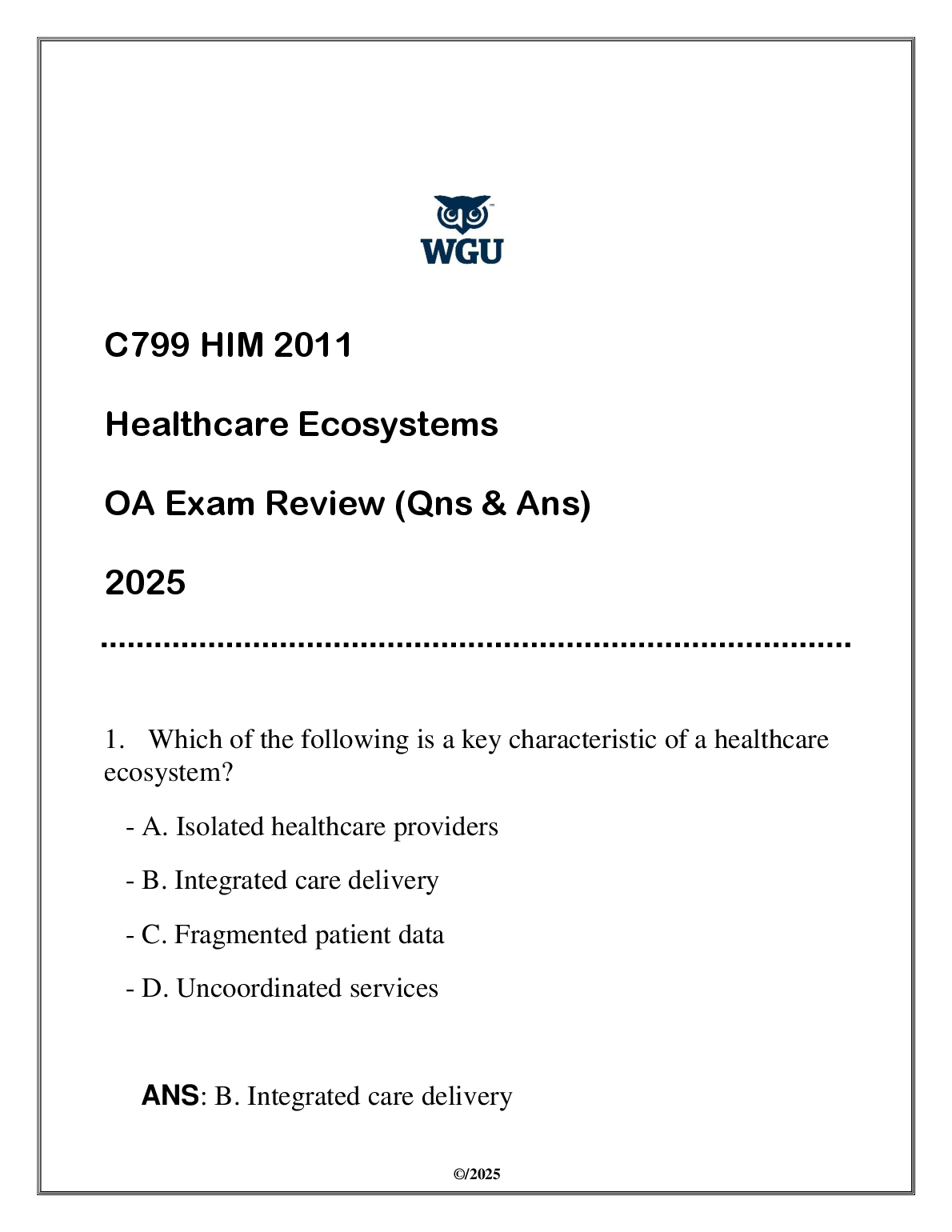 WGU C799 Healthcare Ecosystems Test Bank with Answers