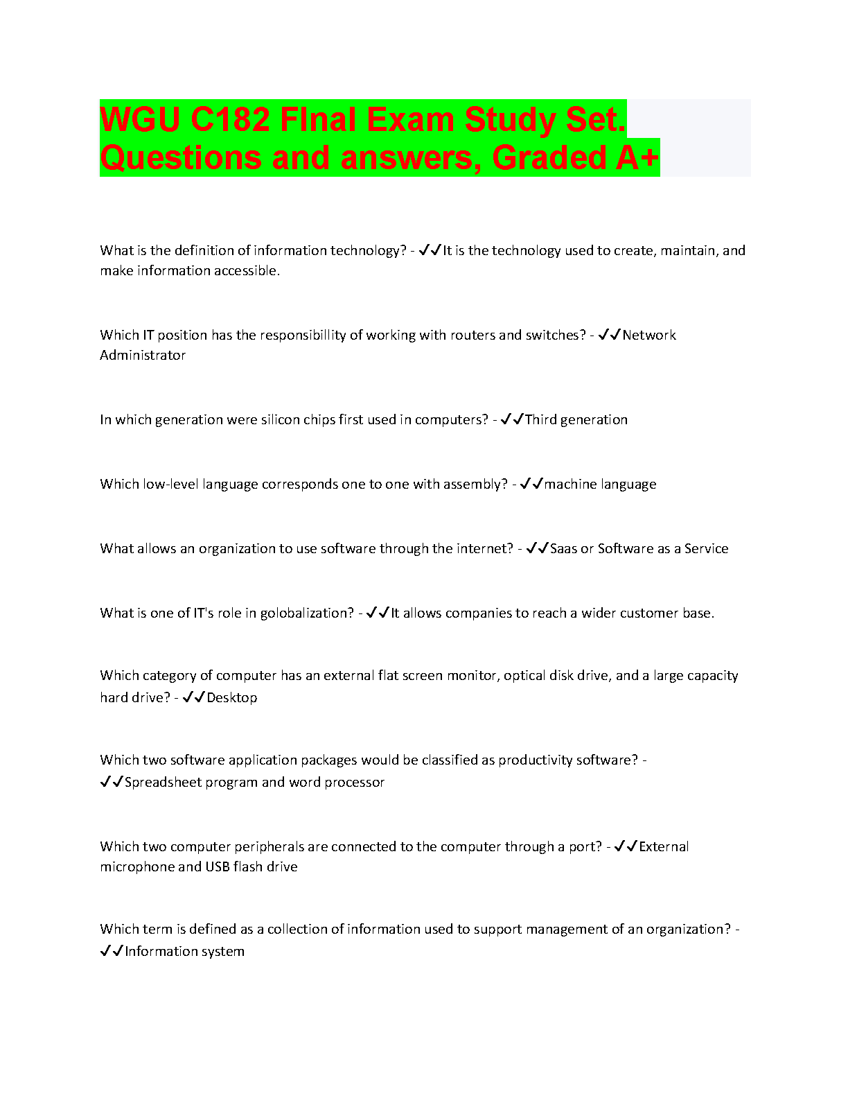 WGU C182 Final Exam Study Set Questions and Answers