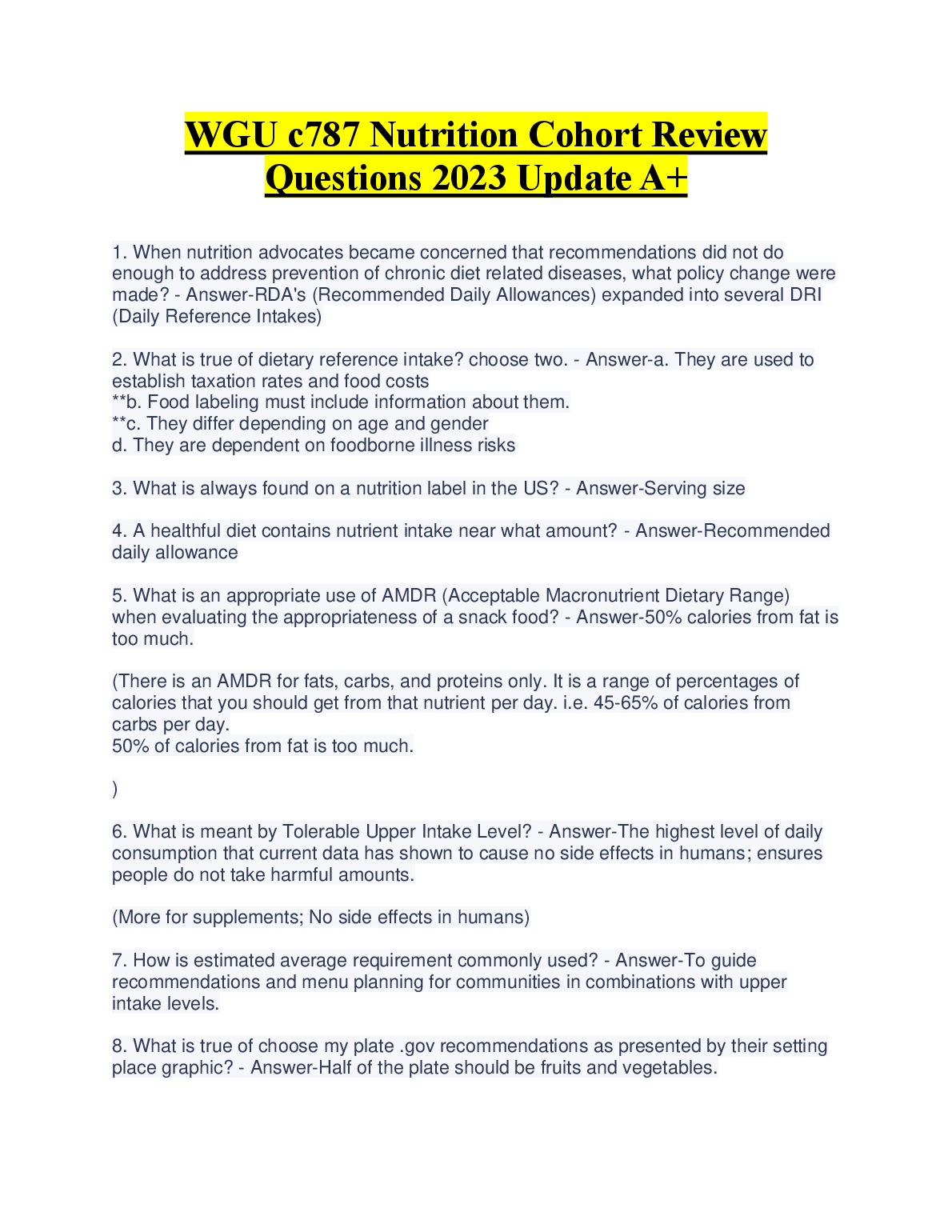 WGU C787 Nutrition Exam Review Questions 2023 A+ Solutions