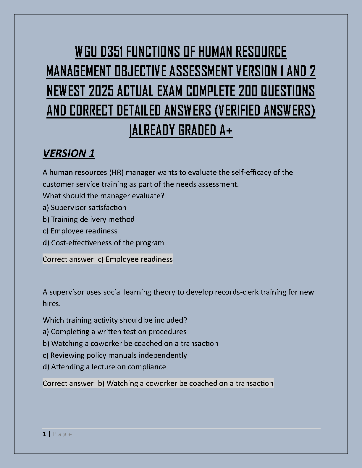 WGU D351 HRM Test Bank 2025: 200+ Questions & Verified Answers