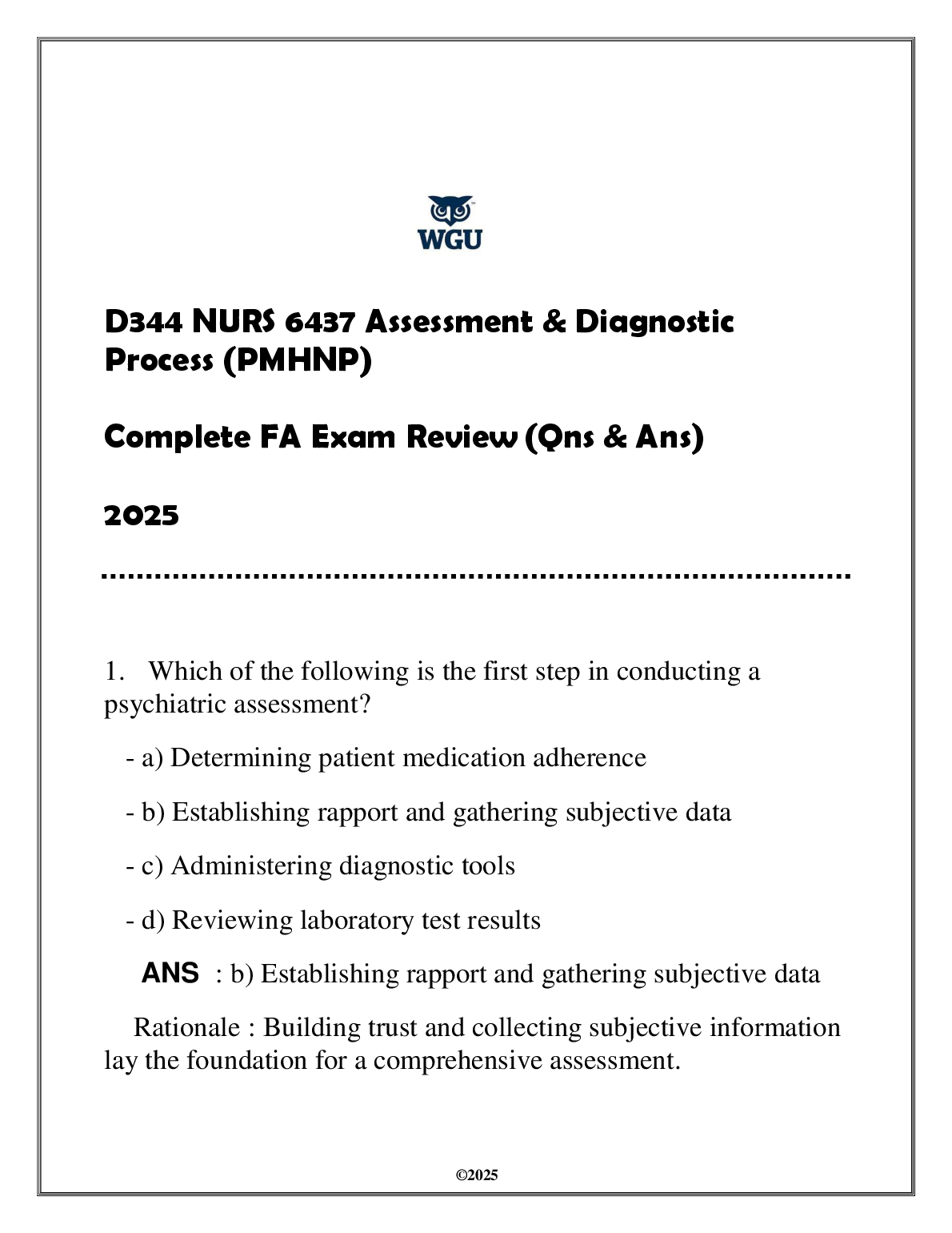NURS 6437 Assessment Diagnosis PMHNP Exam Review 2025
