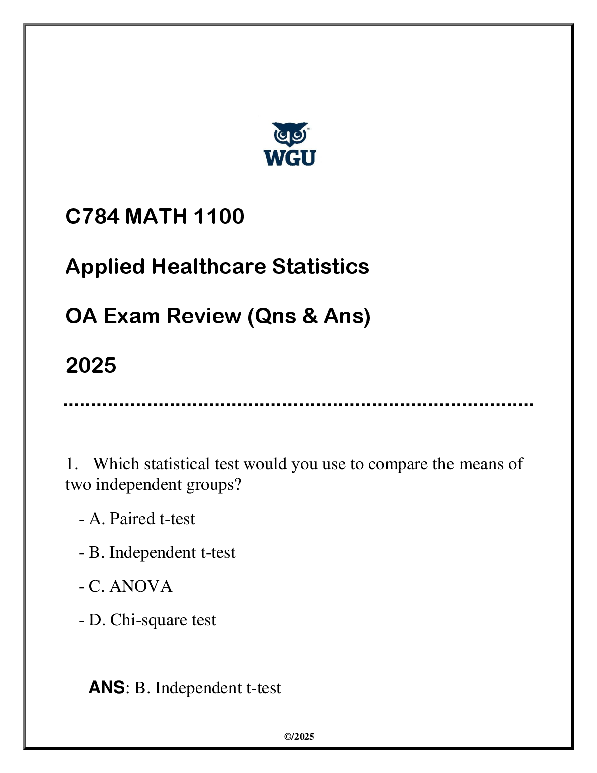 WGU C784 Healthcare Stats Test Bank 2025/2026