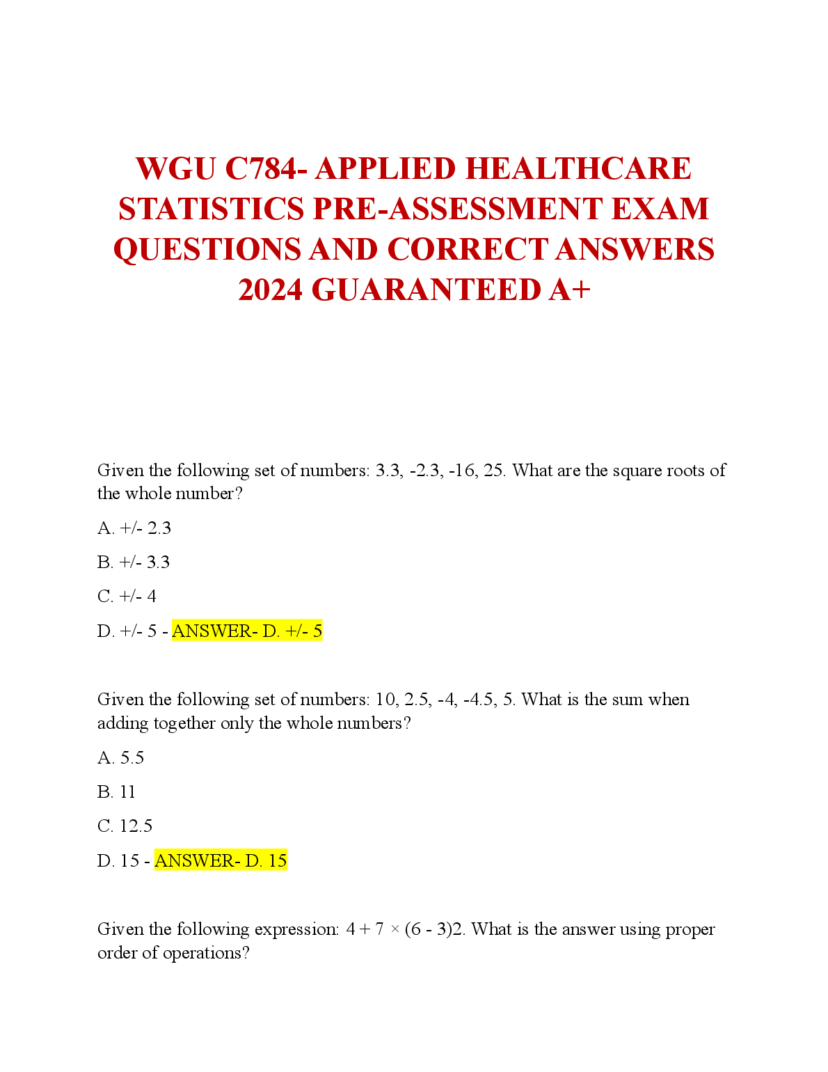 WGU C784 Applied Healthcare Statistics Test Bank 2024