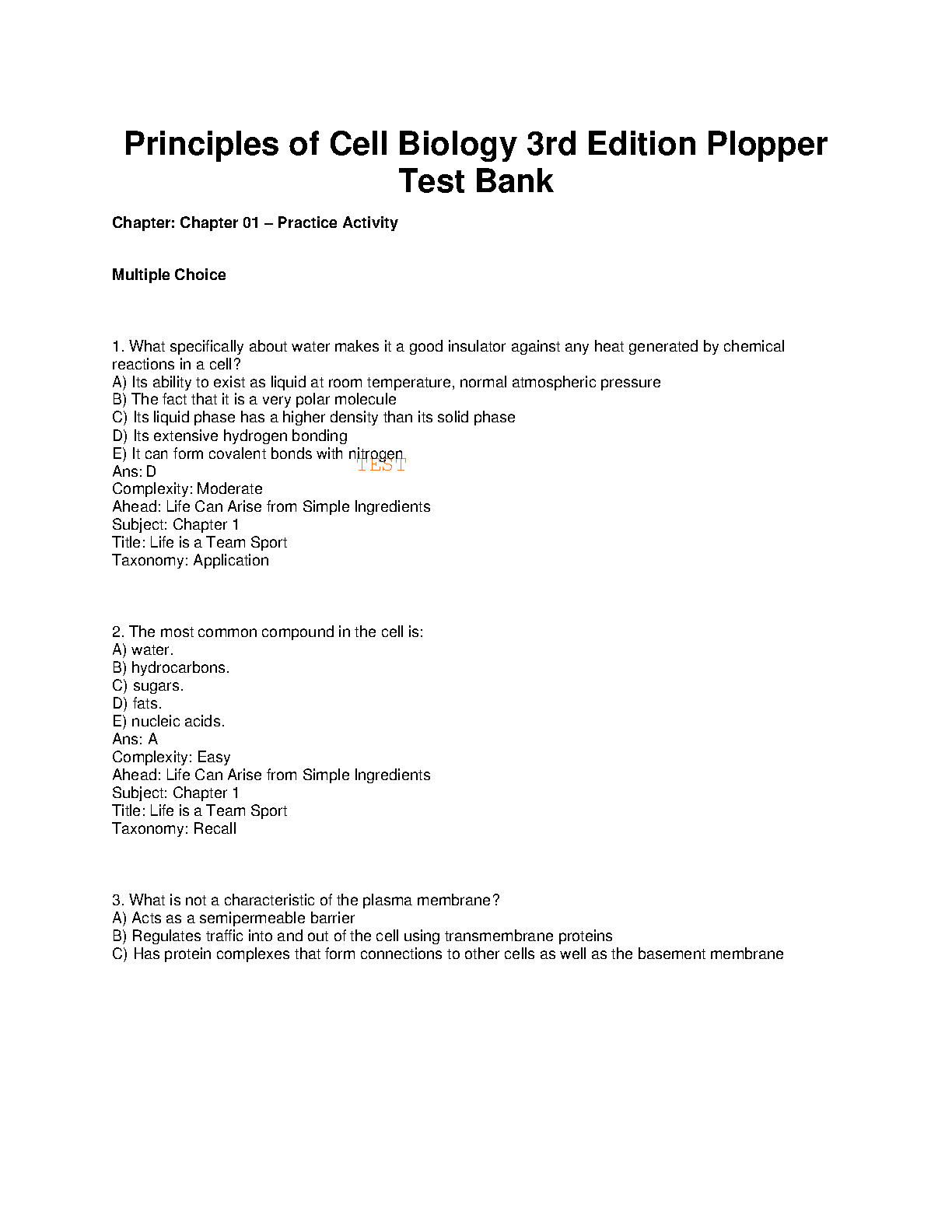 Principles of Cell Biology, 3rd Edition TEST BANK
