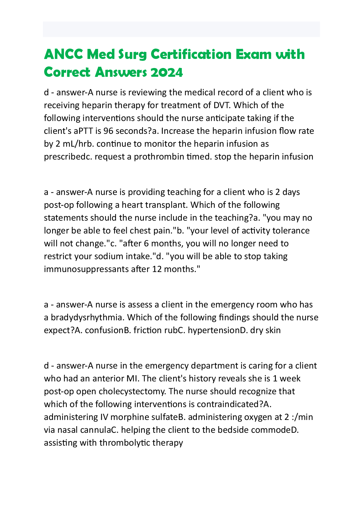 ANCC Med Surg Cert Exam Questions & Answers 2024/25 Study Pack