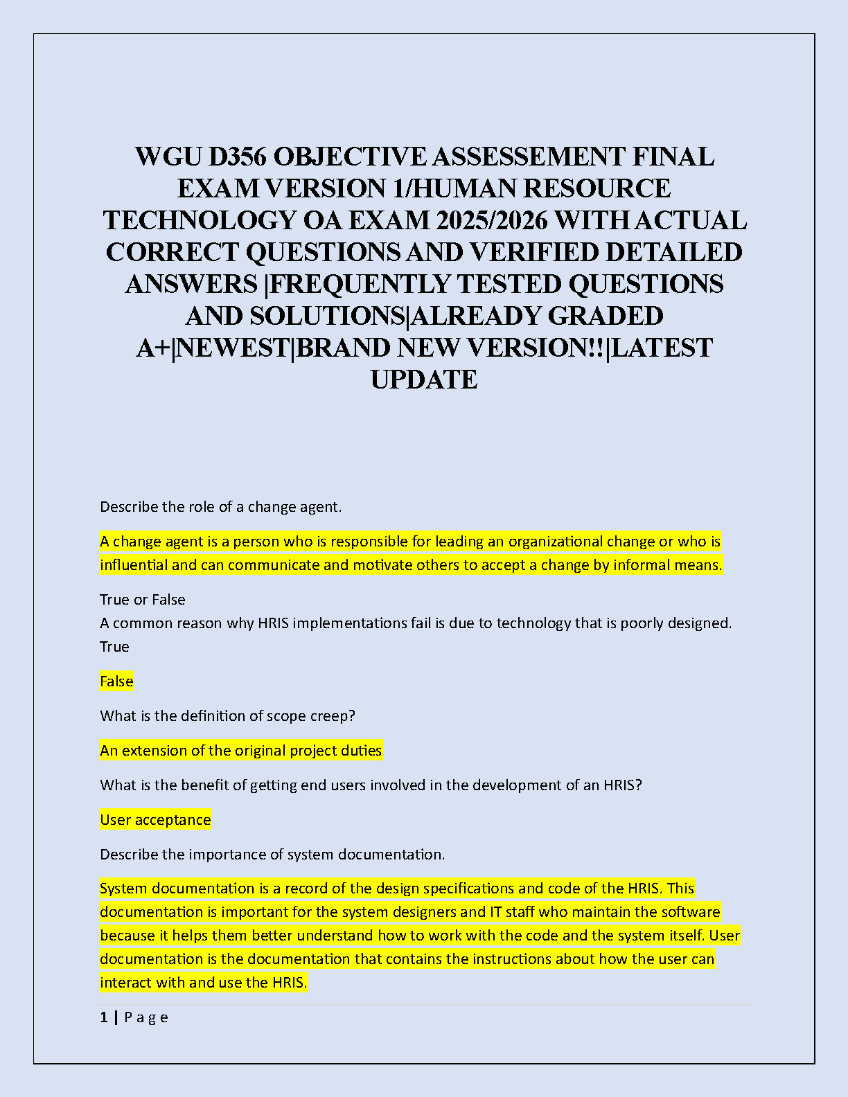 WGU D356 HR Tech OA Exam: Verified Questions & Solutions 2025/2026